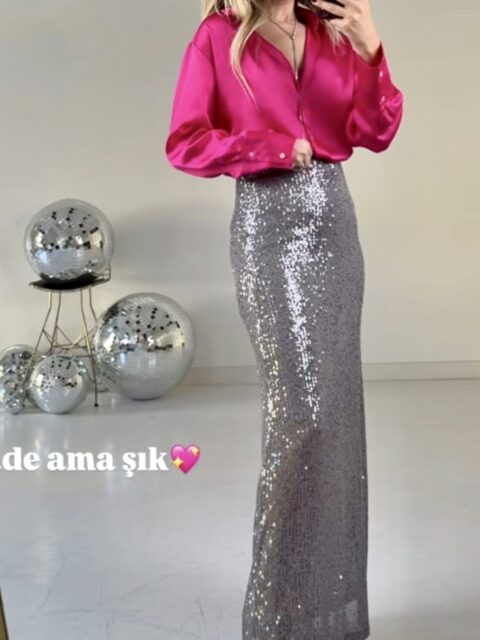 Bebe Plus Gümüş Maxi Payet Etek