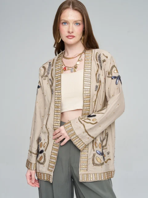 Orfeonegro Boncuk ve Pul İşlemeli Bej Kimono