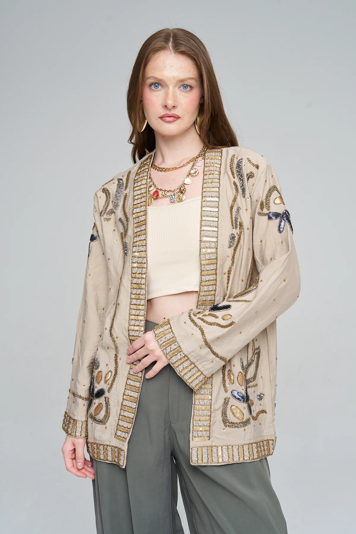 Orfeonegro Boncuk ve Pul İşlemeli Bej Kimono