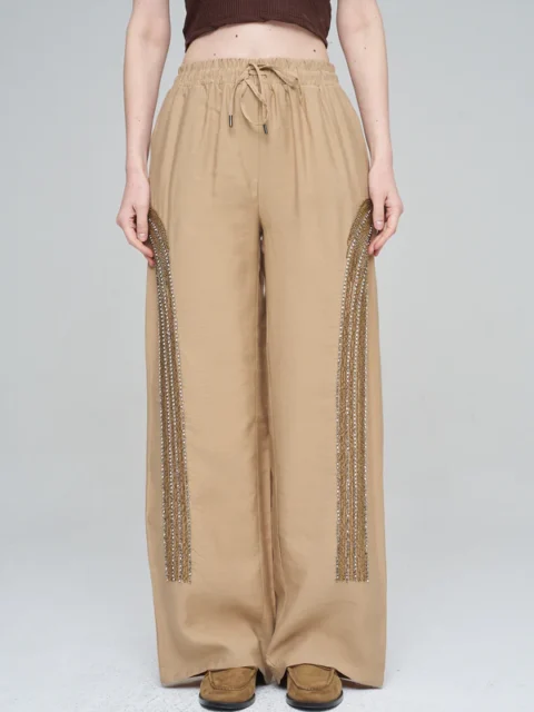 Orfeo Negro Boncuk İşlemeli Tencel Palazzo Pantolon Camel