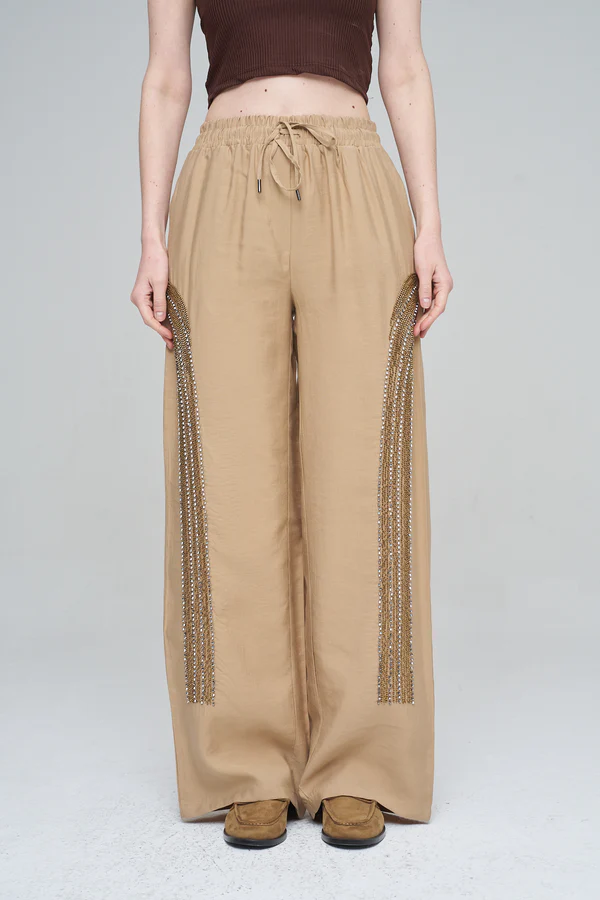 Orfeo Negro Boncuk İşlemeli Tencel Palazzo Pantolon Camel