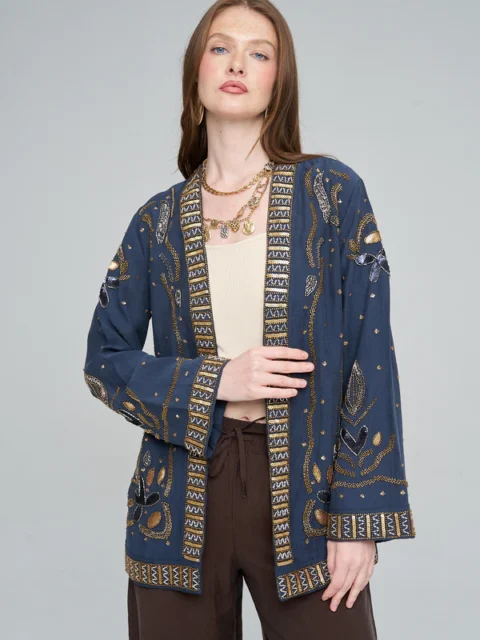 Orfeonegro Boncuk ve Pul İşlemeli Lacivert Kimono