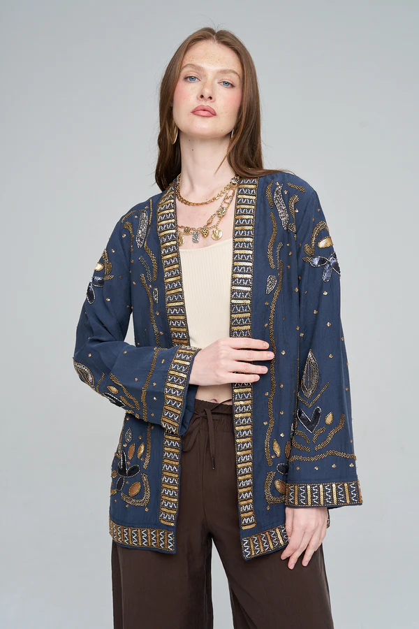 Orfeonegro Boncuk ve Pul İşlemeli Lacivert Kimono