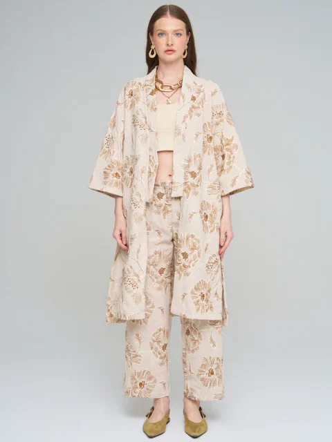 Orfeo Negro Çiçek Nakışlı Payetli Uzun Krem-Kahve Kimono