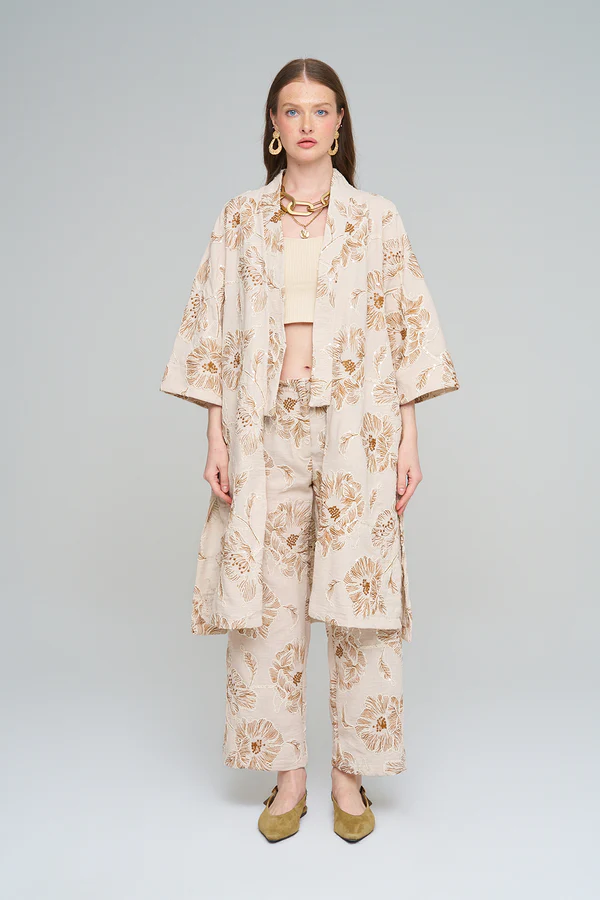 Orfeo Negro Çiçek Nakışlı Payetli Uzun Krem-Kahve Kimono