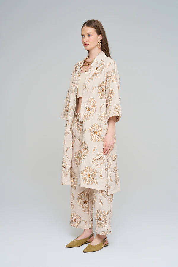 Orfeo Negro Çiçek Nakışlı Payetli Uzun Krem-Kahve Kimono - Görsel 2