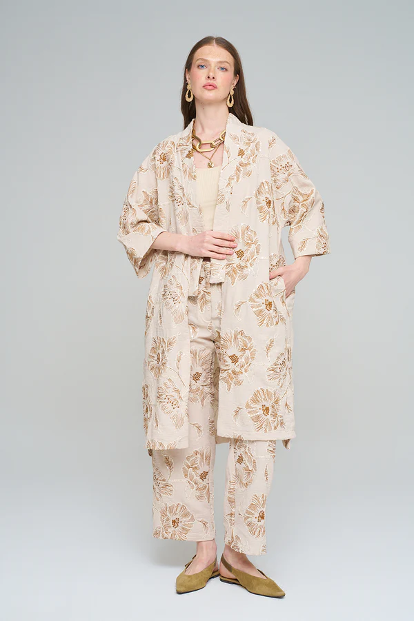 Orfeo Negro Çiçek Nakışlı Payetli Uzun Krem-Kahve Kimono - Görsel 3