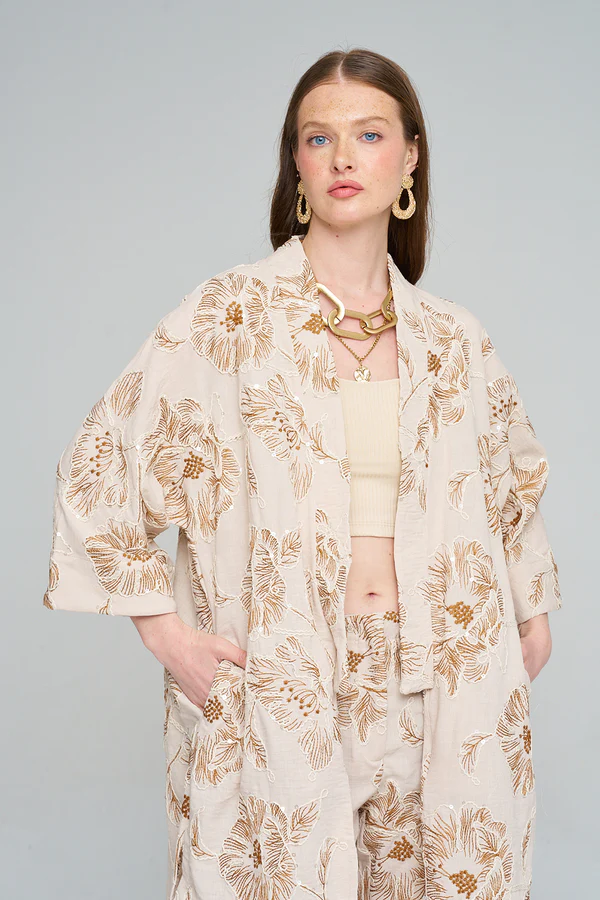 Orfeo Negro Çiçek Nakışlı Payetli Uzun Krem-Kahve Kimono - Görsel 4