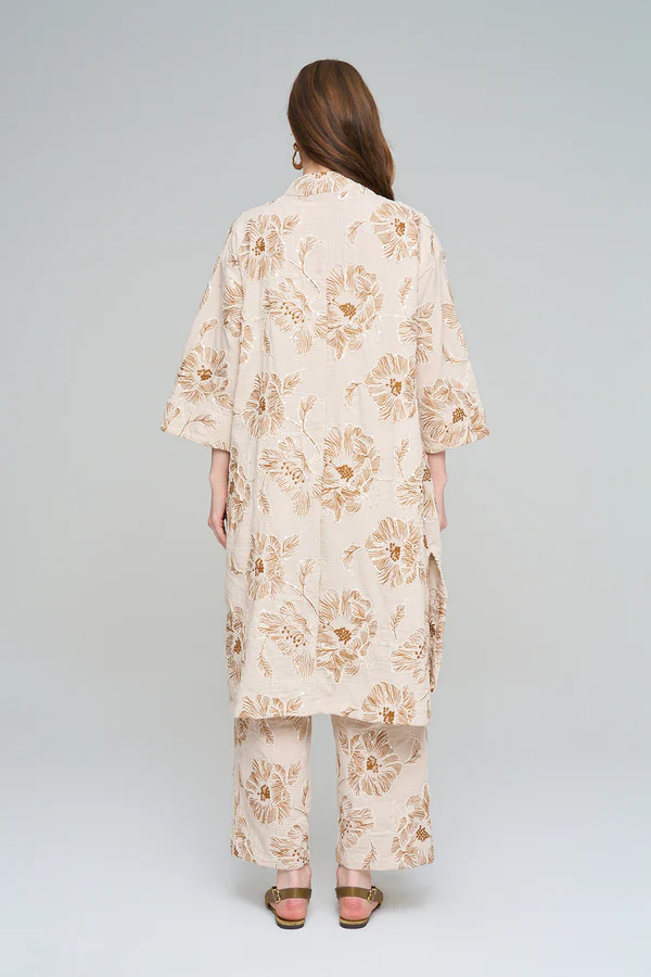 Orfeo Negro Çiçek Nakışlı Payetli Uzun Krem-Kahve Kimono - Görsel 5