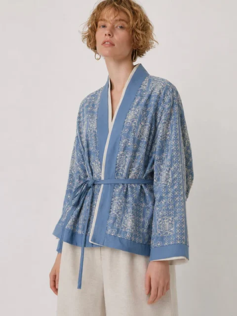 Orfeo Negro Etnik Nakışlı Kuşaklı Premium Mavi Kimono