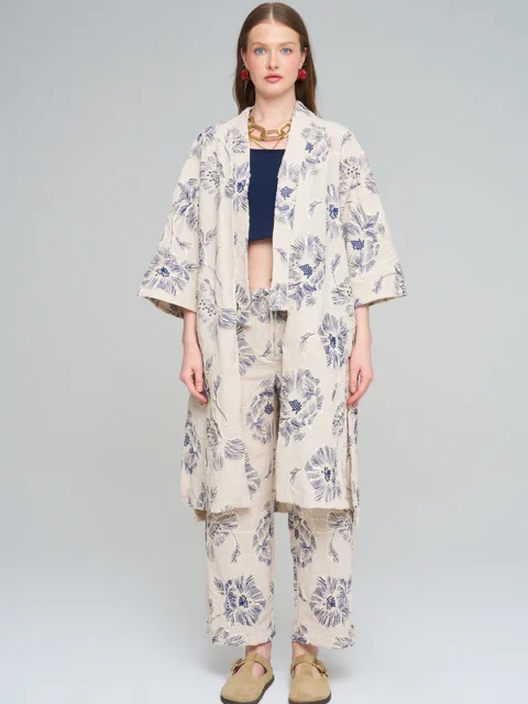 Orfeo Negro Çiçek Nakışlı Payetli Uzun Krem-Lacivert Kimono