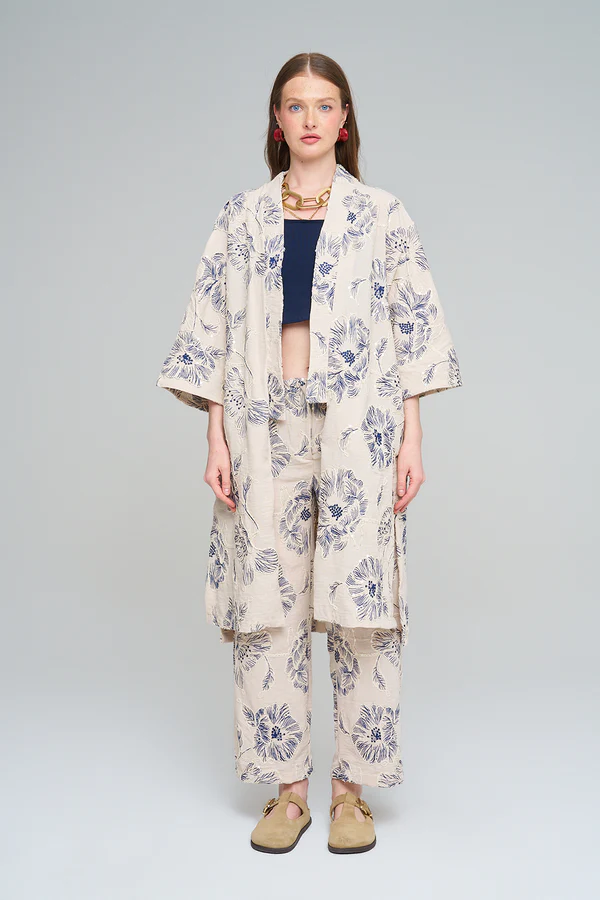 Orfeo Negro Çiçek Nakışlı Payetli Uzun Krem-Lacivert Kimono