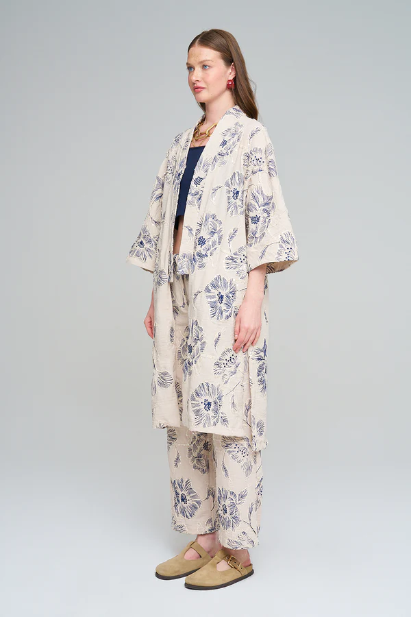 Orfeo Negro Çiçek Nakışlı Payetli Uzun Krem-Lacivert Kimono - Görsel 2