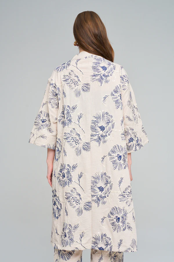 Orfeo Negro Çiçek Nakışlı Payetli Uzun Krem-Lacivert Kimono - Görsel 5