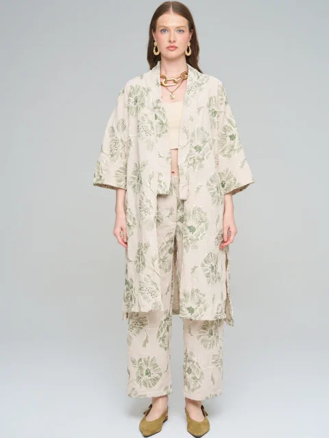 Orfeo Negro Çiçek Nakışlı Payetli Uzun Krem-Yeşil Kimono