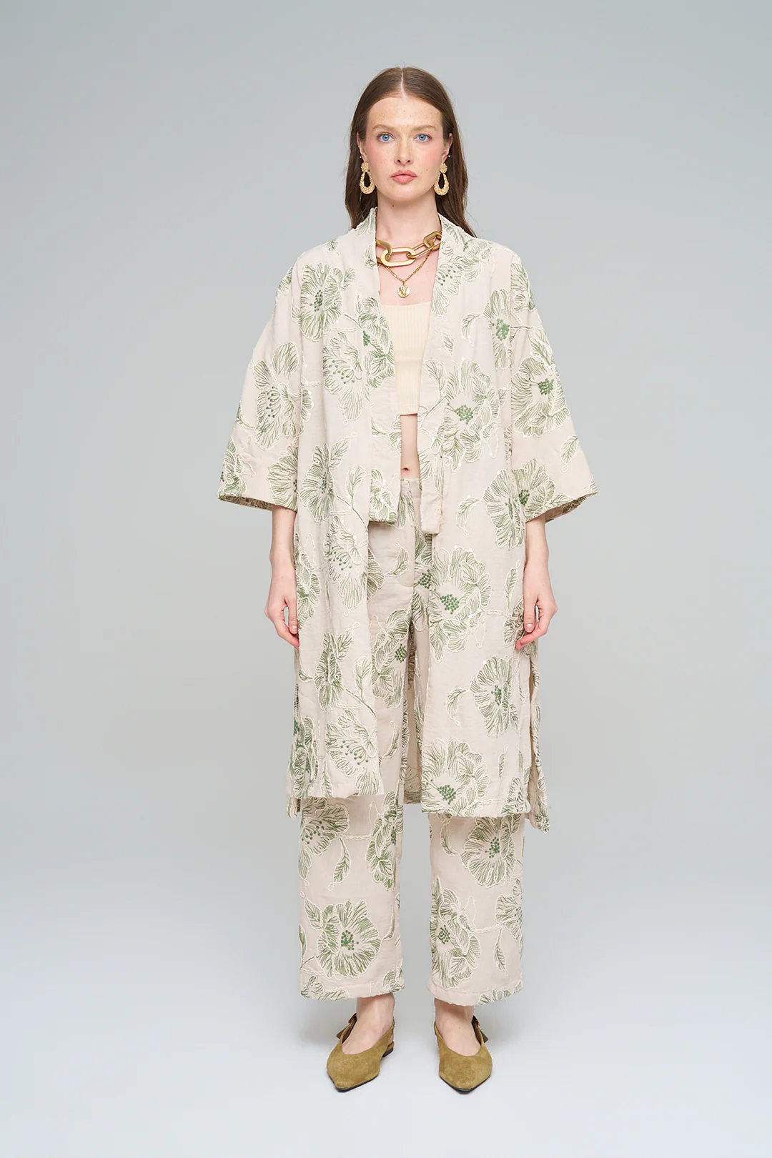 Orfeo Negro Çiçek Nakışlı Payetli Uzun Krem-Yeşil Kimono