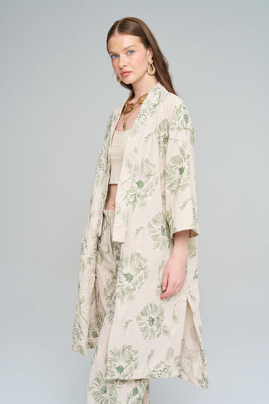 Orfeo Negro Çiçek Nakışlı Payetli Uzun Krem-Yeşil Kimono - Görsel 2