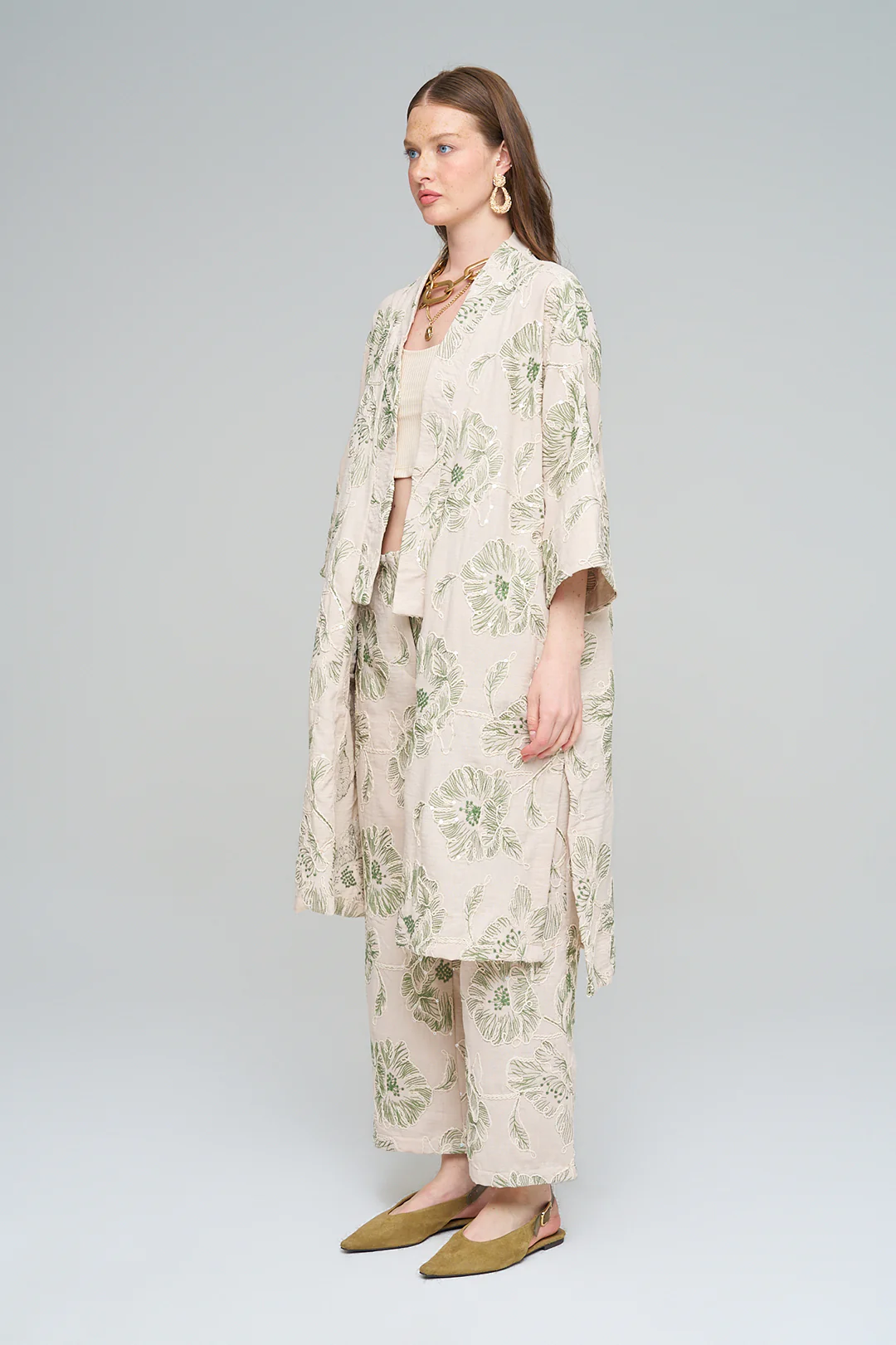 Orfeo Negro Çiçek Nakışlı Payetli Uzun Krem-Yeşil Kimono - Görsel 5