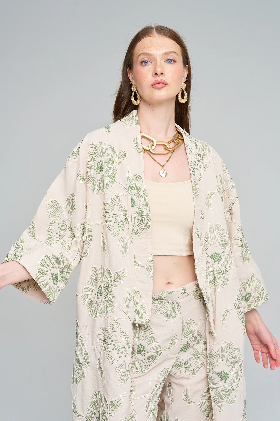Orfeo Negro Çiçek Nakışlı Payetli Uzun Krem-Yeşil Kimono - Görsel 4
