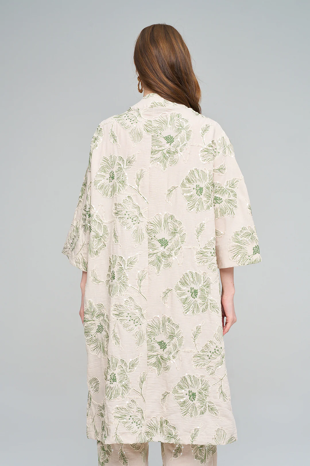 Orfeo Negro Çiçek Nakışlı Payetli Uzun Krem-Yeşil Kimono - Görsel 3