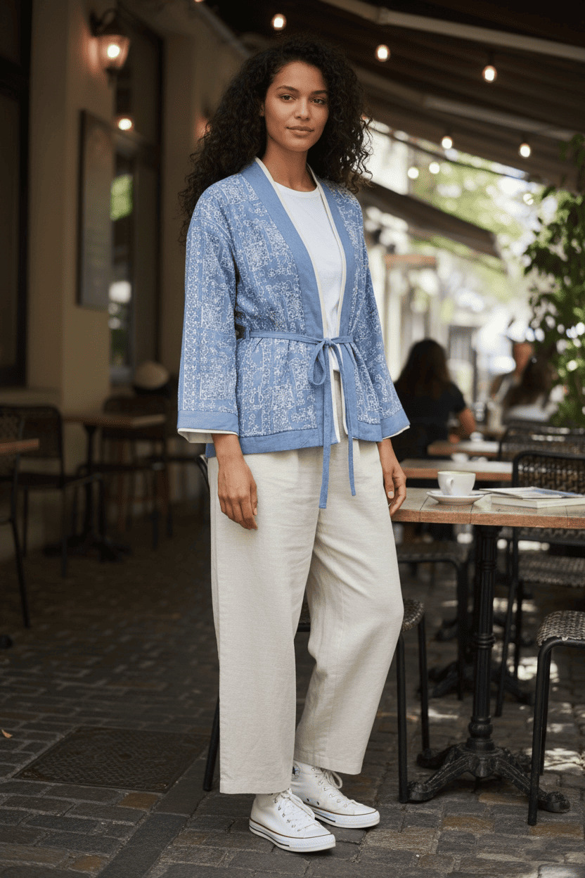Orfeo Negro Etnik Nakışlı Kuşaklı Premium Mavi Kimono - Görsel 2