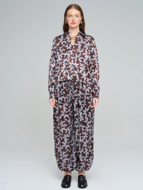Orfeo Negro Yaprak Desenli Kahverengi Bluz Pantolon Takım