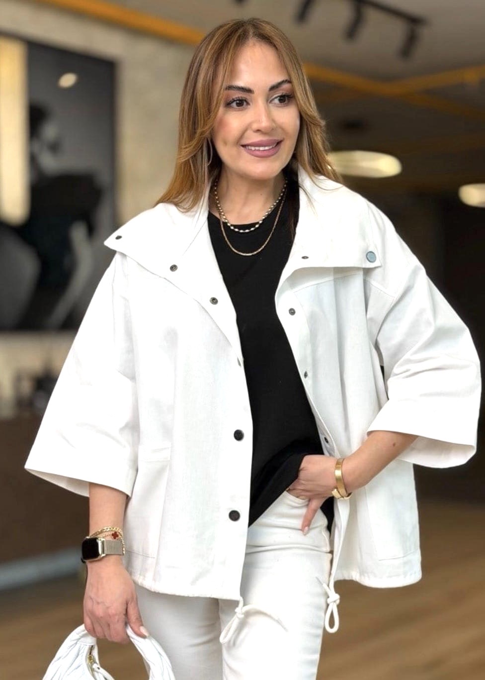Yame Bomber Form Oversize Beyaz Ceket - Görsel 2