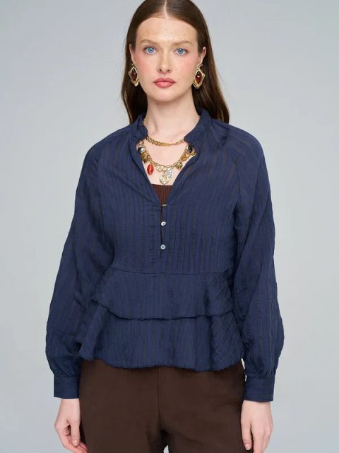 Lacivert Şal Yaka Peplum Katmanlı Bluz