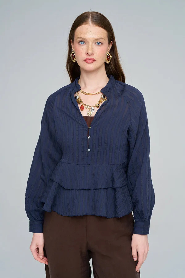 Lacivert Şal Yaka Peplum Katmanlı Bluz