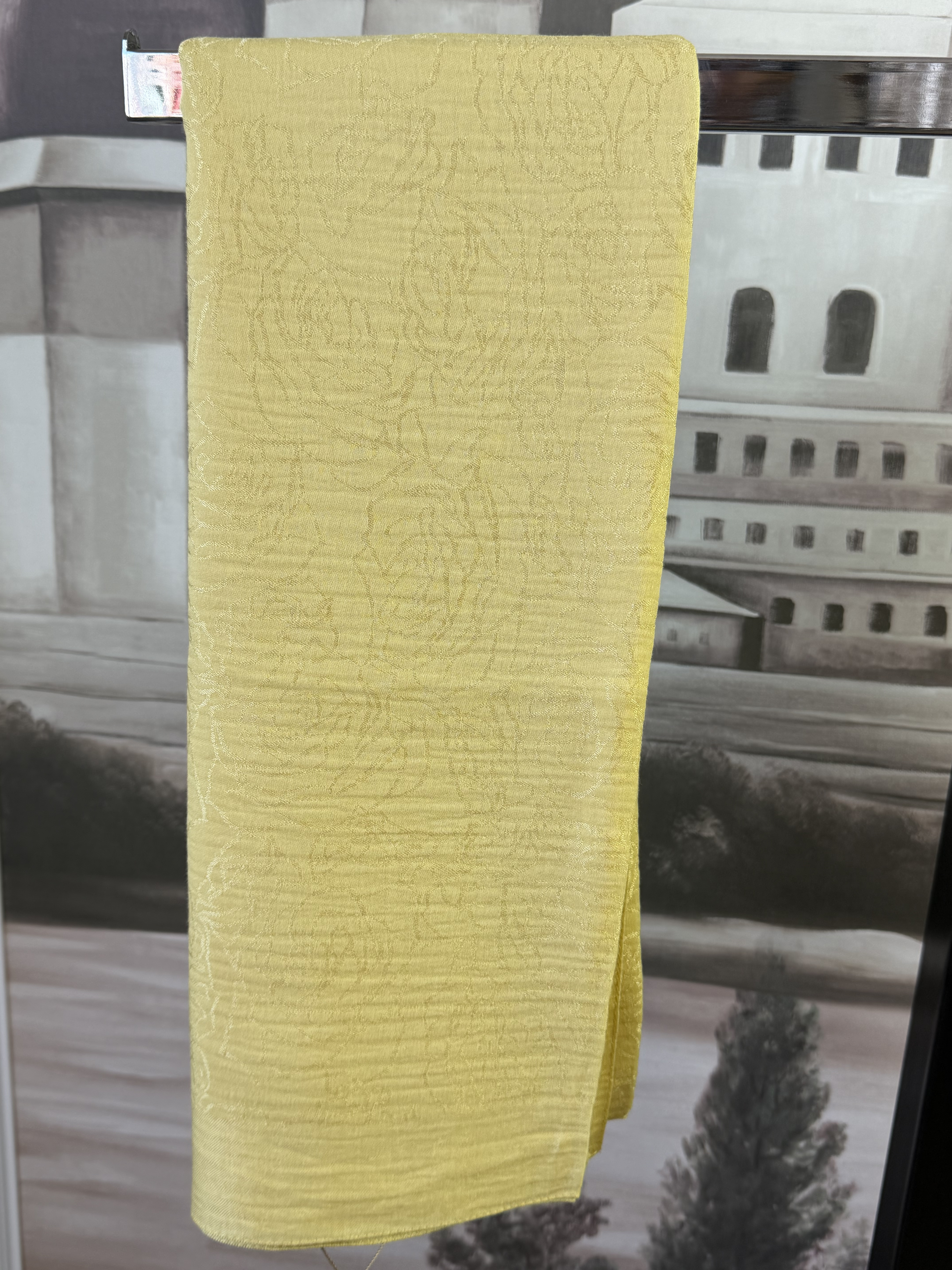 Sarı Jakarlı Çiçek Desenli Pamuk Şal