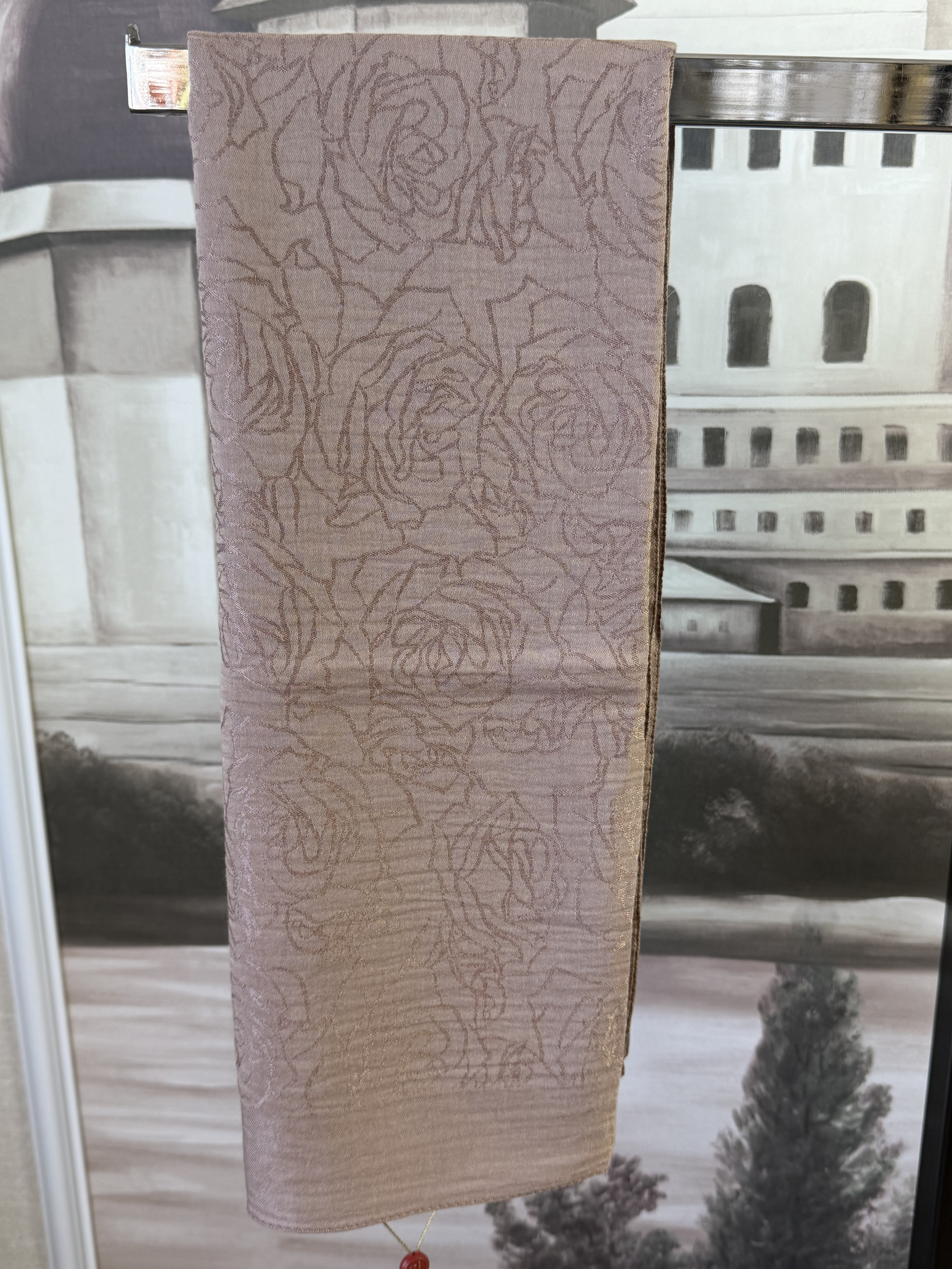 Vizon Jakarlı Gül Desenli Pamuk Şal