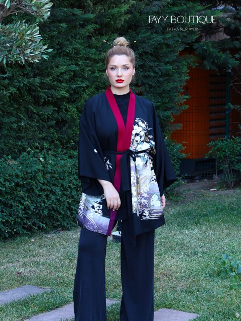 Desenli Kuşaklı Kimono Ceket - Siyah Bordo Yaka %100 İpek