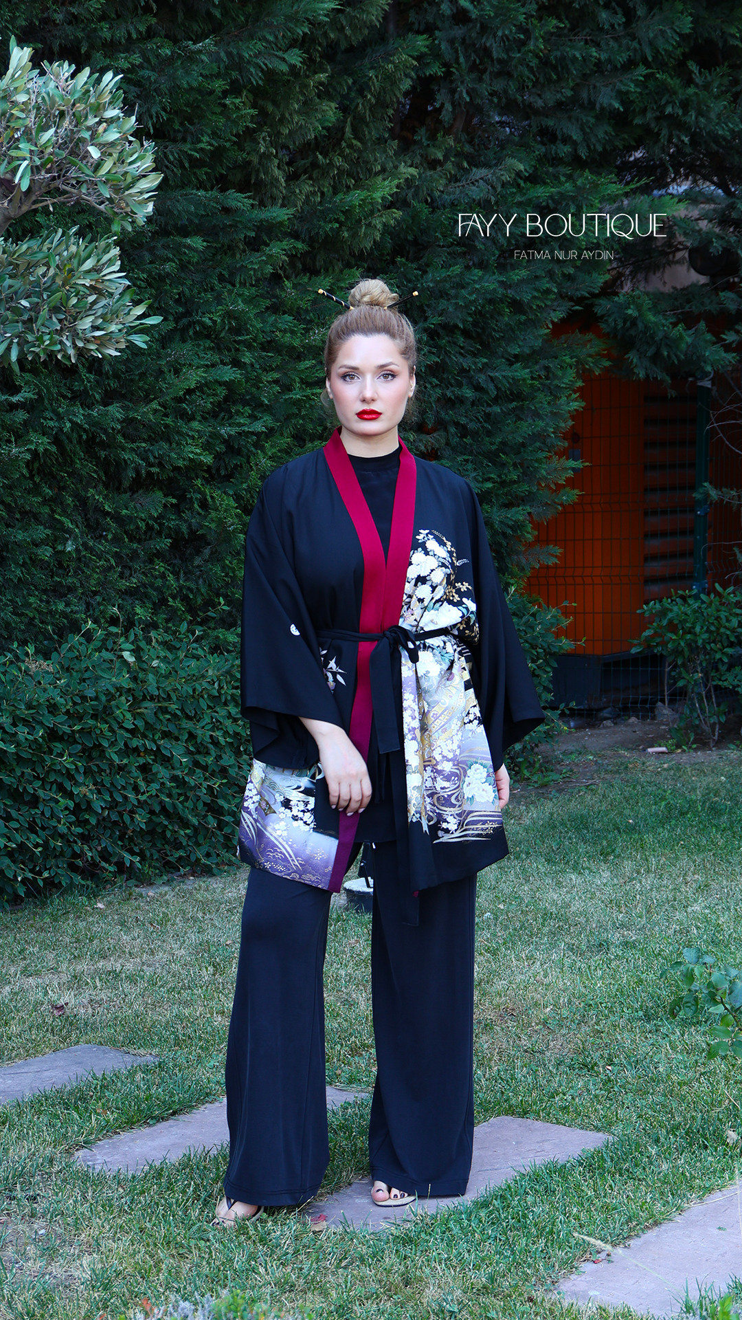 Desenli Kuşaklı Kimono Ceket - Siyah Bordo Yaka %100 İpek