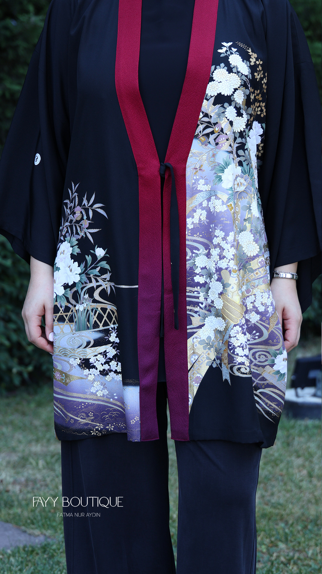 Desenli Kuşaklı Kimono Ceket - Siyah Bordo Yaka %100 İpek - Görsel 3