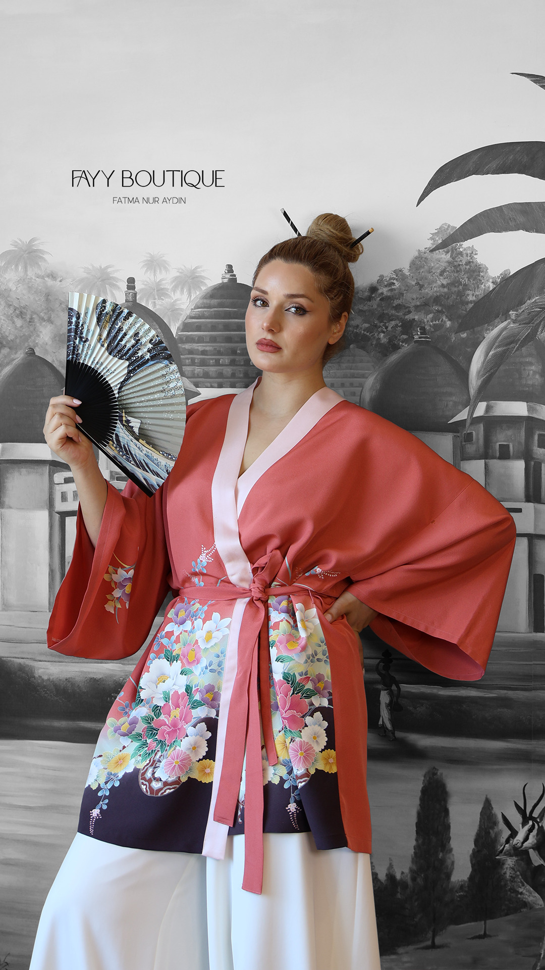 İpek Mercan Çiçek Desenli Uzun Kollu Kimono - Görsel 3