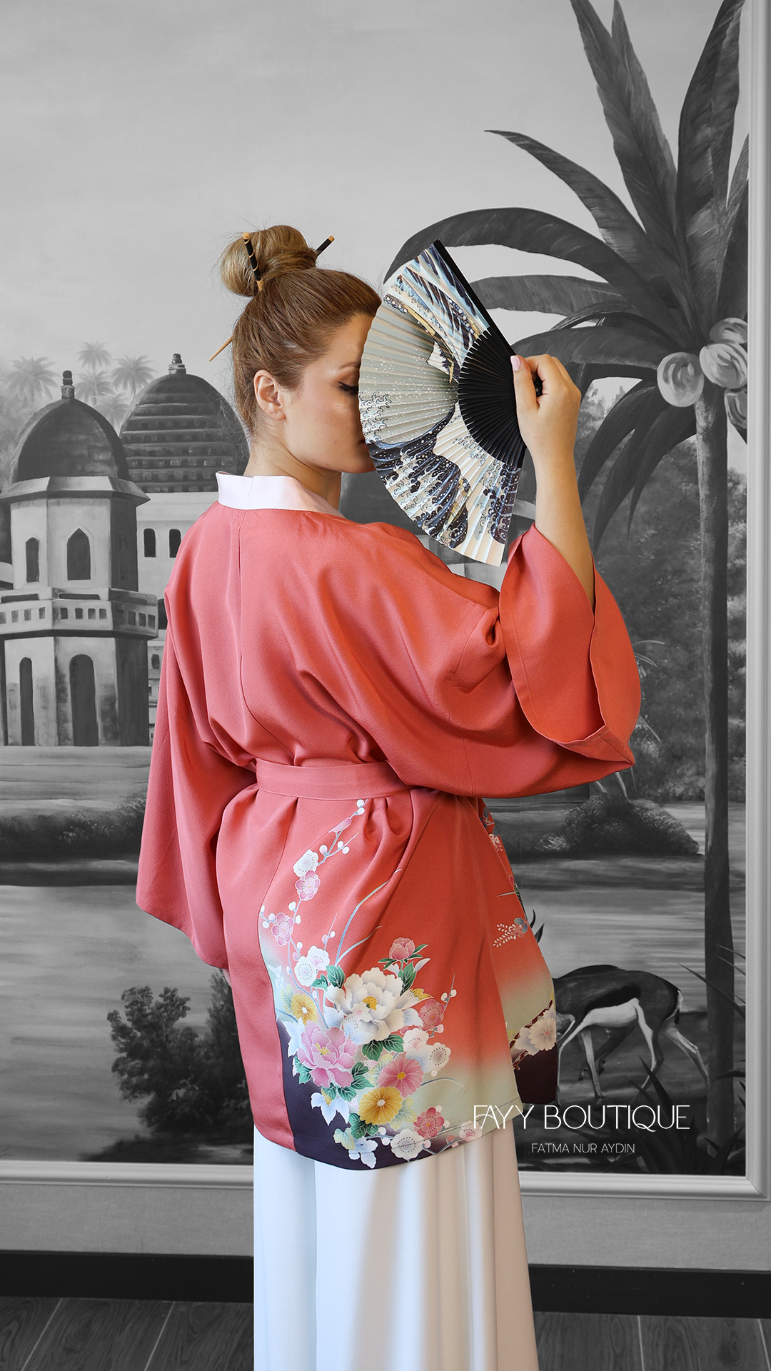 İpek Mercan Çiçek Desenli Uzun Kollu Kimono - Görsel 4