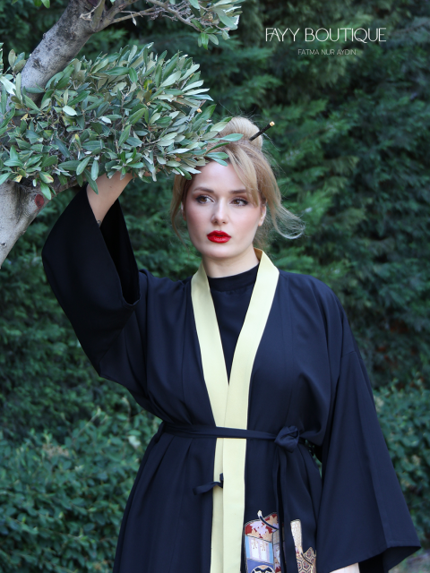 Desenli Kuşaklı Kimono Ceket - Siyah Sarı Şeritli %100 İpek