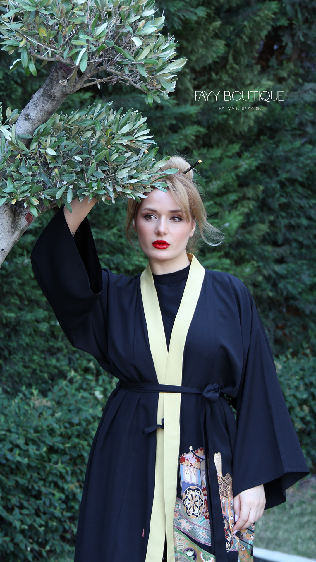 Desenli Kuşaklı Kimono Ceket - Siyah Sarı Şeritli %100 İpek