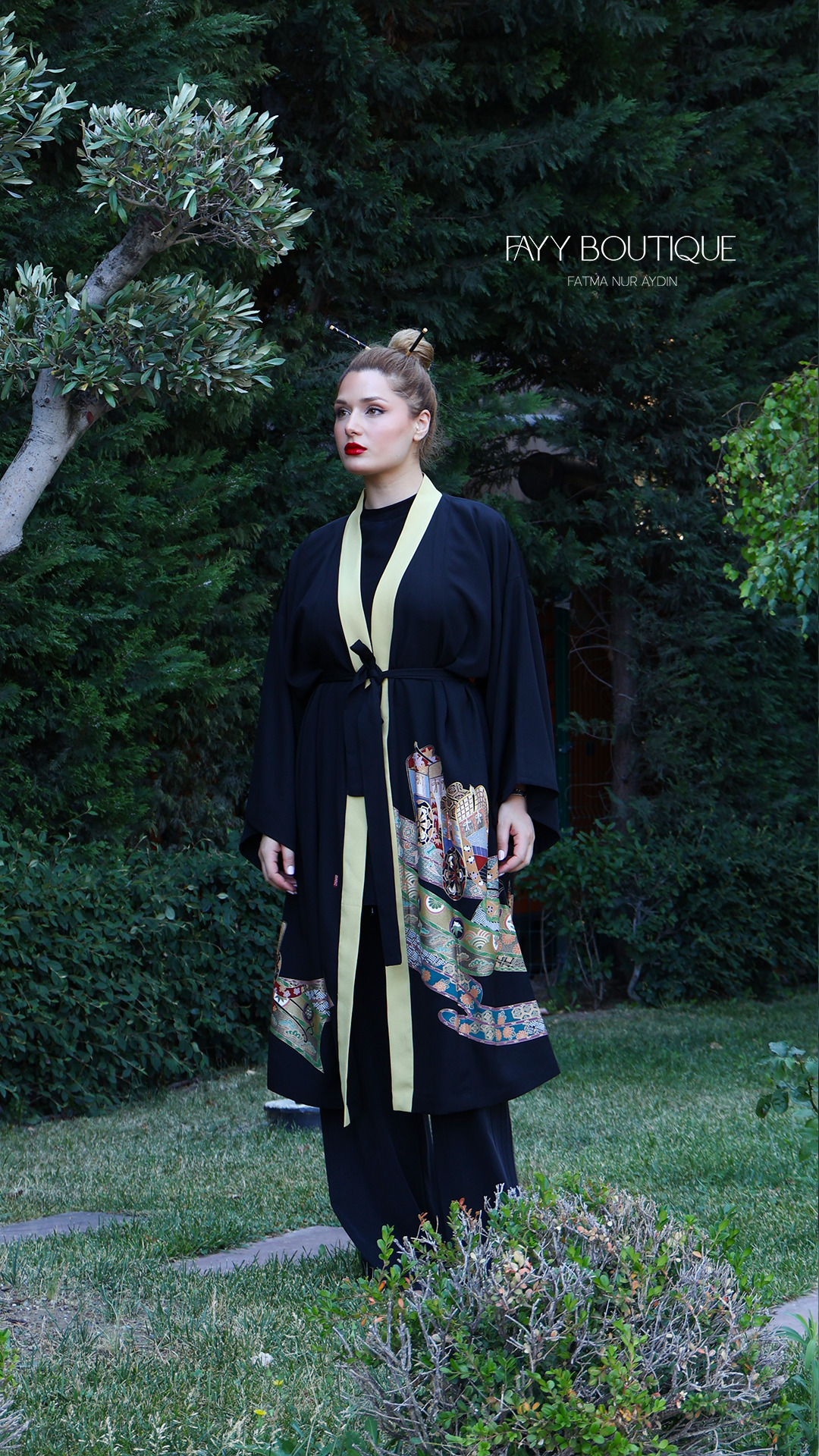 Desenli Kuşaklı Kimono Ceket - Siyah Sarı Şeritli %100 İpek - Görsel 3