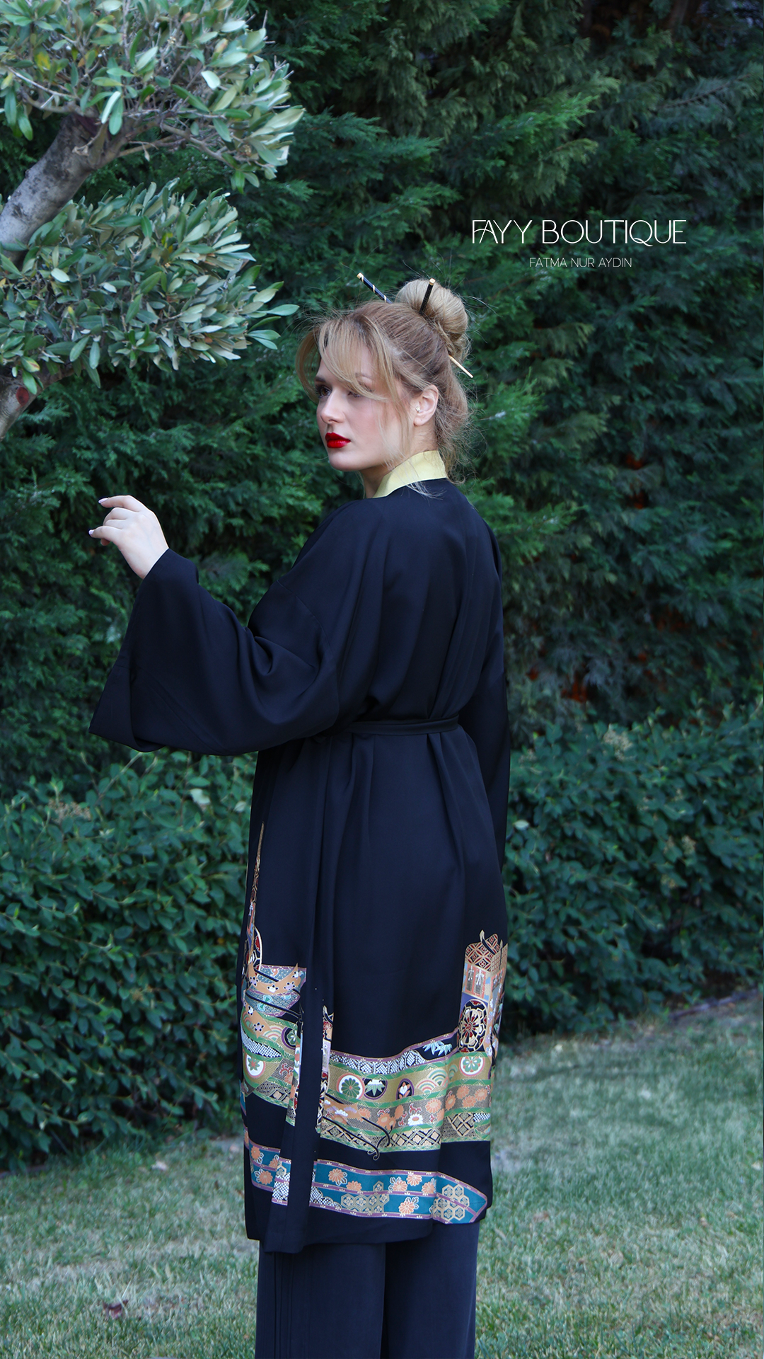Desenli Kuşaklı Kimono Ceket - Siyah Sarı Şeritli %100 İpek - Görsel 4
