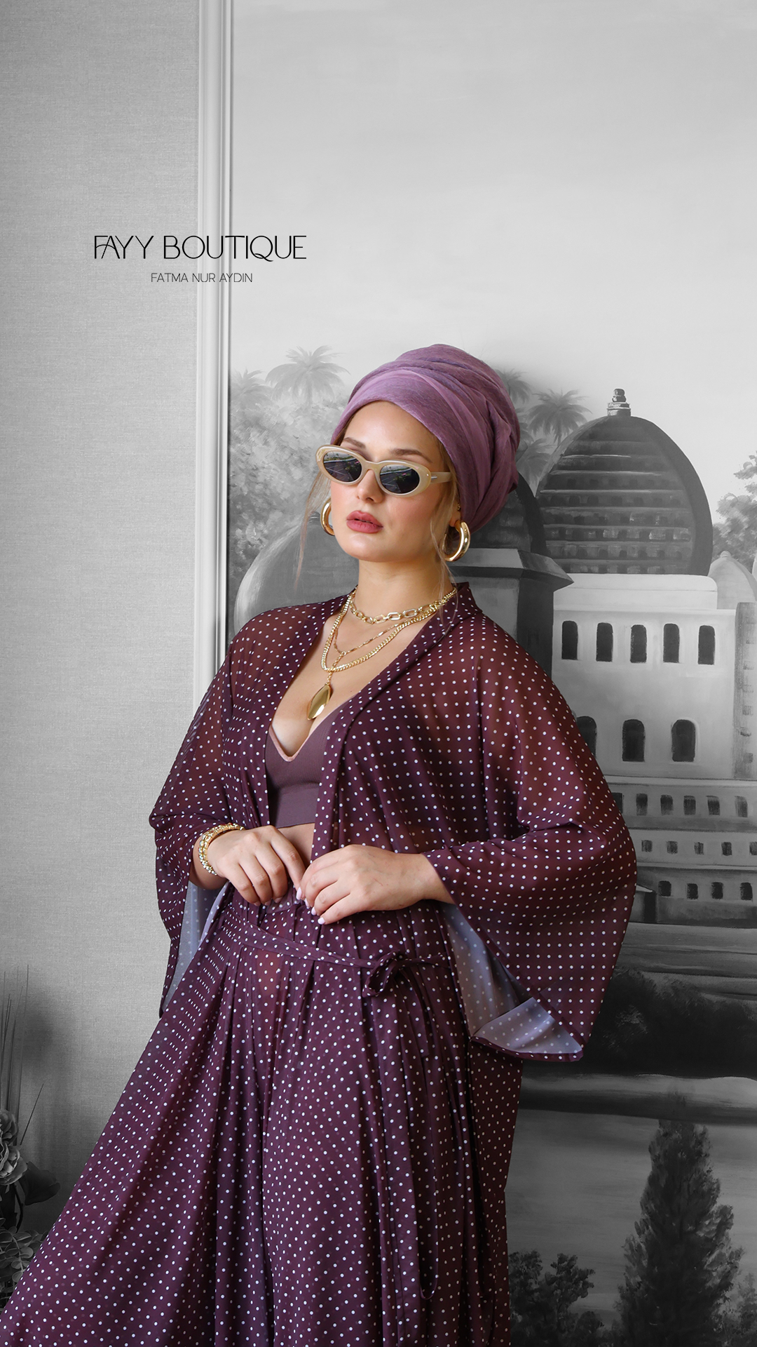 Puantiye Desenli Elastik Zara Tül Kimono Kaftan Plaj Elbisesi | Bordo - Görsel 3