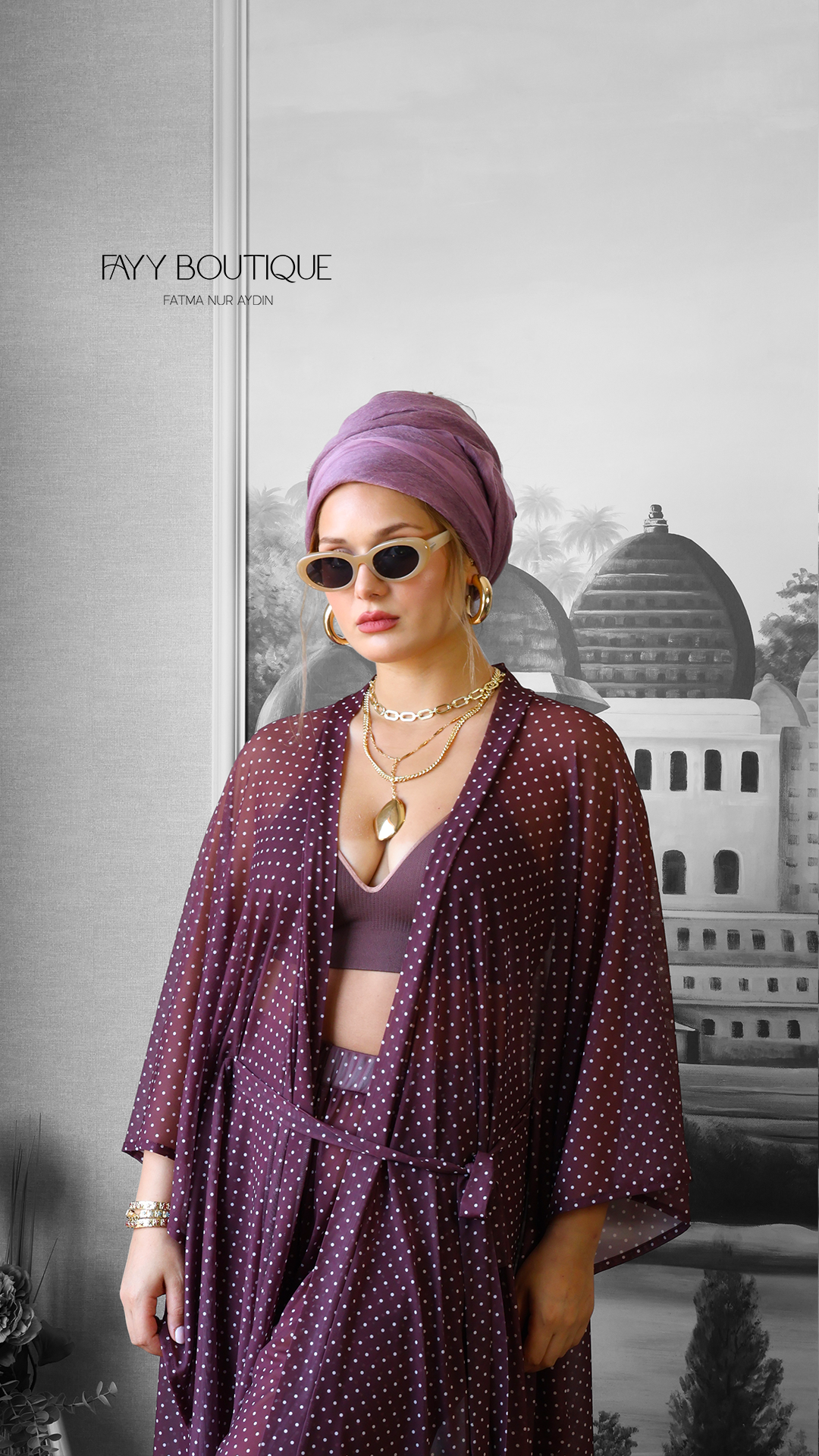 Puantiye Desenli Elastik Zara Tül Kimono Kaftan Plaj Elbisesi | Bordo - Görsel 2
