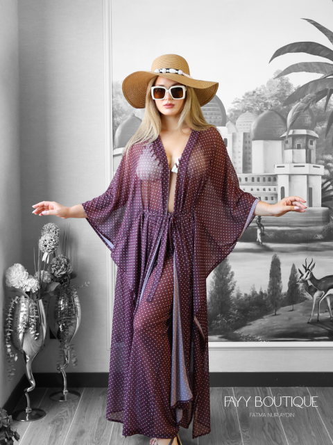 Puantiye Desenli Elastik Zara Tül Kimono Kaftan Plaj Elbisesi | Bordo