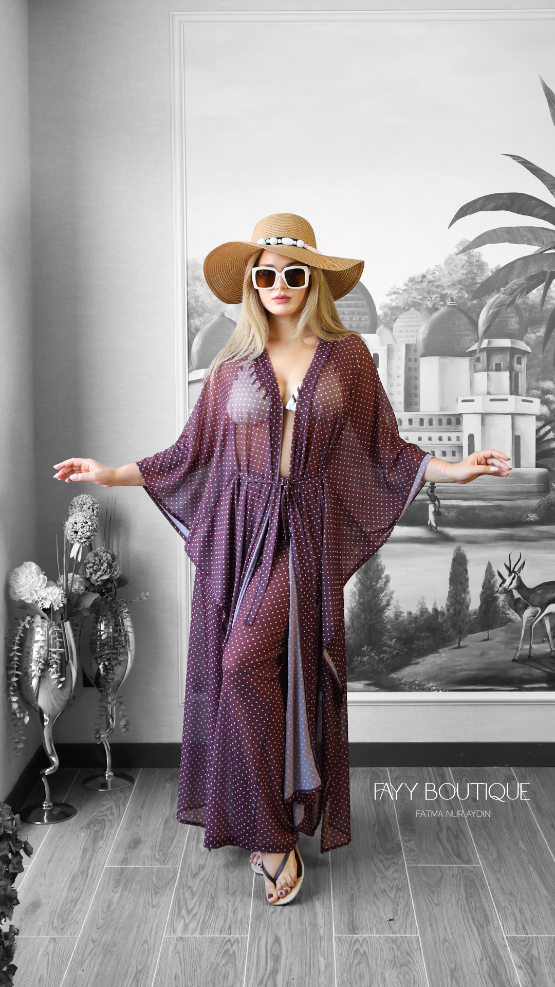 Puantiye Desenli Elastik Zara Tül Kimono Kaftan Plaj Elbisesi | Bordo
