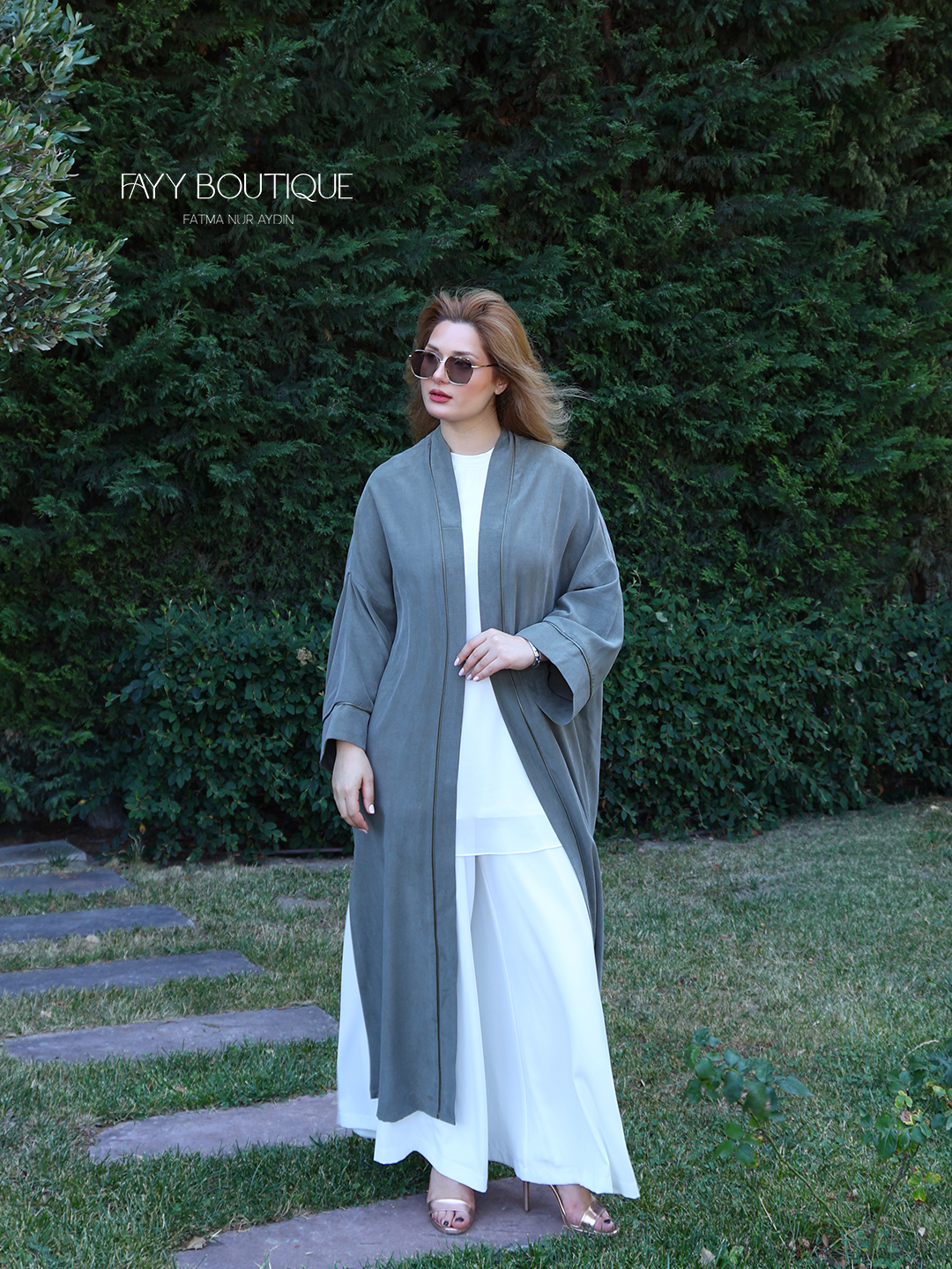 İpek Kupra Kimono | Sırtı Altın Yaldız El Boyamalı Haki Kimono Ferace - Görsel 2