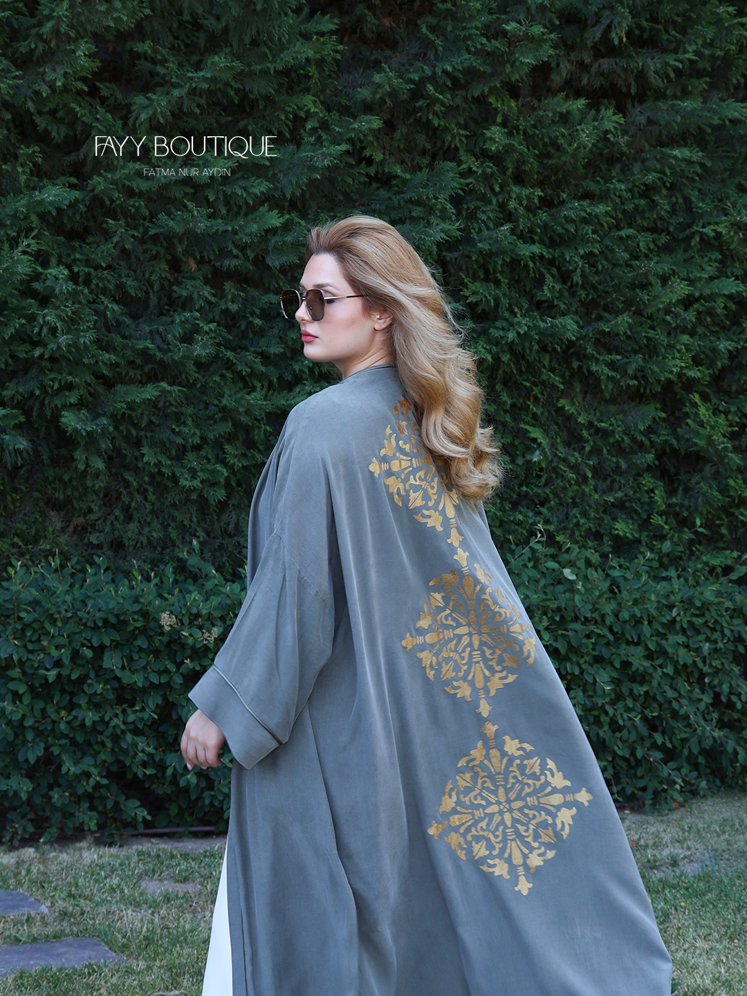 İpek Kupra Kimono | Sırtı Altın Yaldız El Boyamalı Haki Kimono Ferace