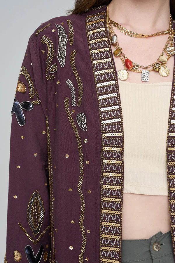 Boncuk Payet İşlemeli Kimono Ceket | Bordo Etnik Desenli Oversize Ceket - Görsel 3