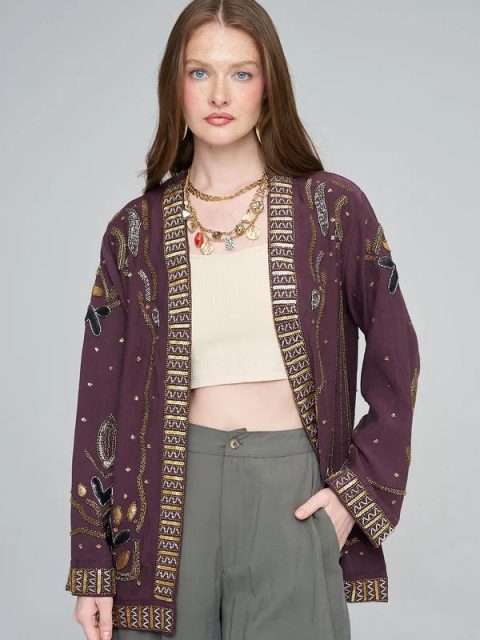 Boncuk Payet İşlemeli Kimono Ceket | Bordo Etnik Desenli Oversize Ceket