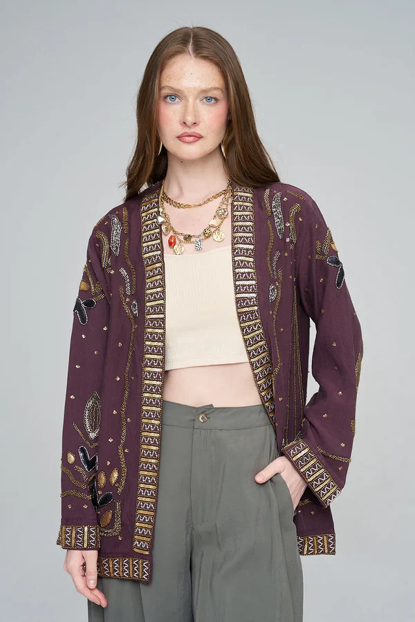 Boncuk Payet İşlemeli Kimono Ceket | Bordo Etnik Desenli Oversize Ceket