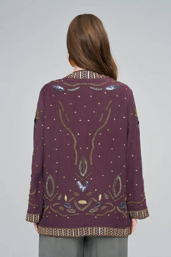 Boncuk Payet İşlemeli Kimono Ceket | Bordo Etnik Desenli Oversize Ceket - Görsel 2
